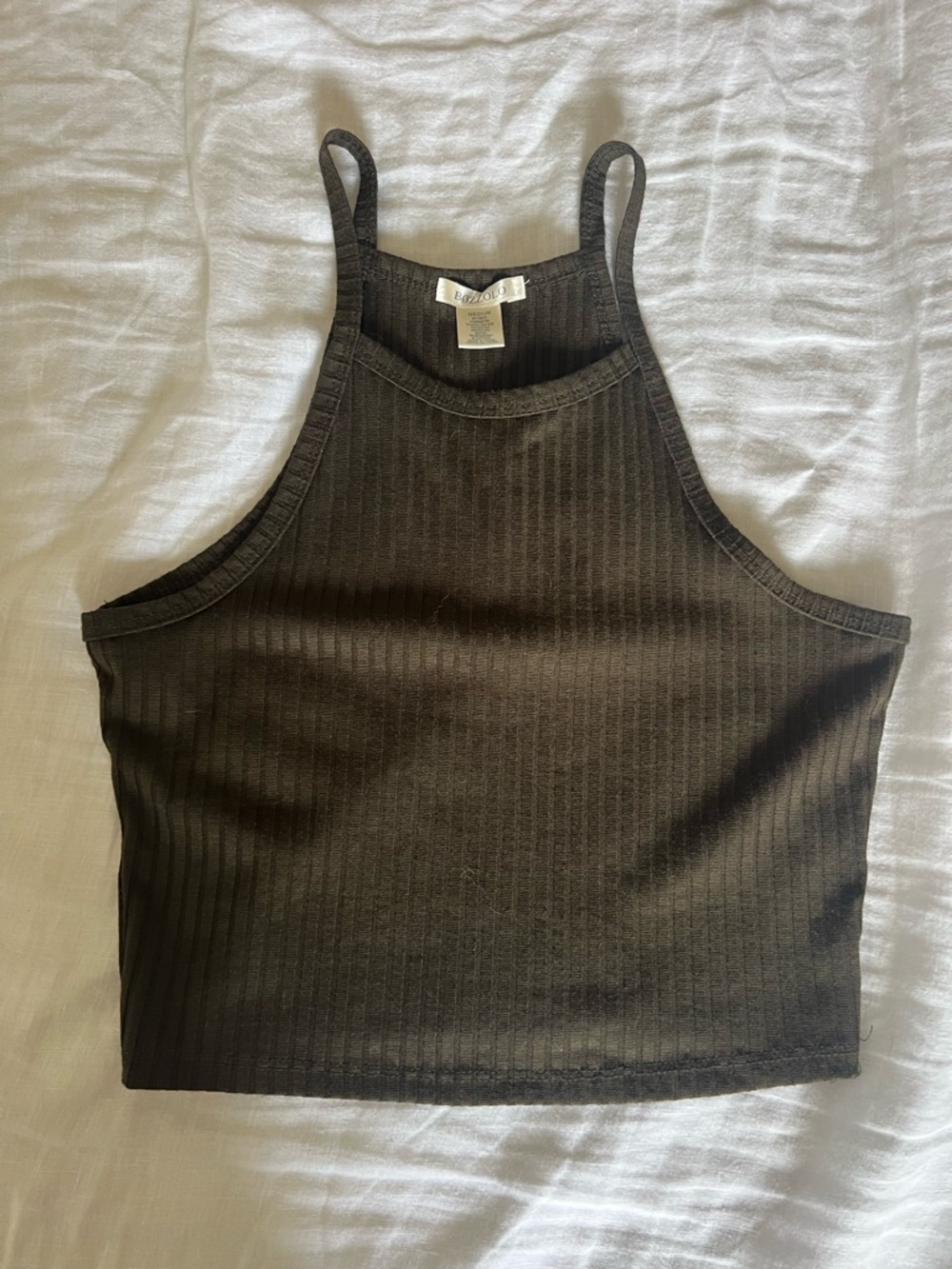 Bozzolo Olive Ribbed High-Neck Crop Tank